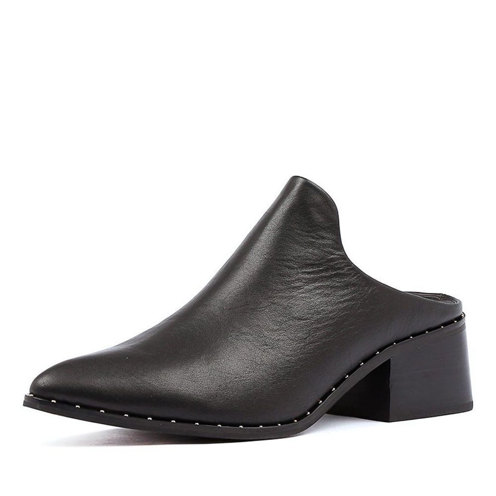 SOL SANA Leather Pointy Toe Slip-On Mule Shoes Heels Studs Black 39